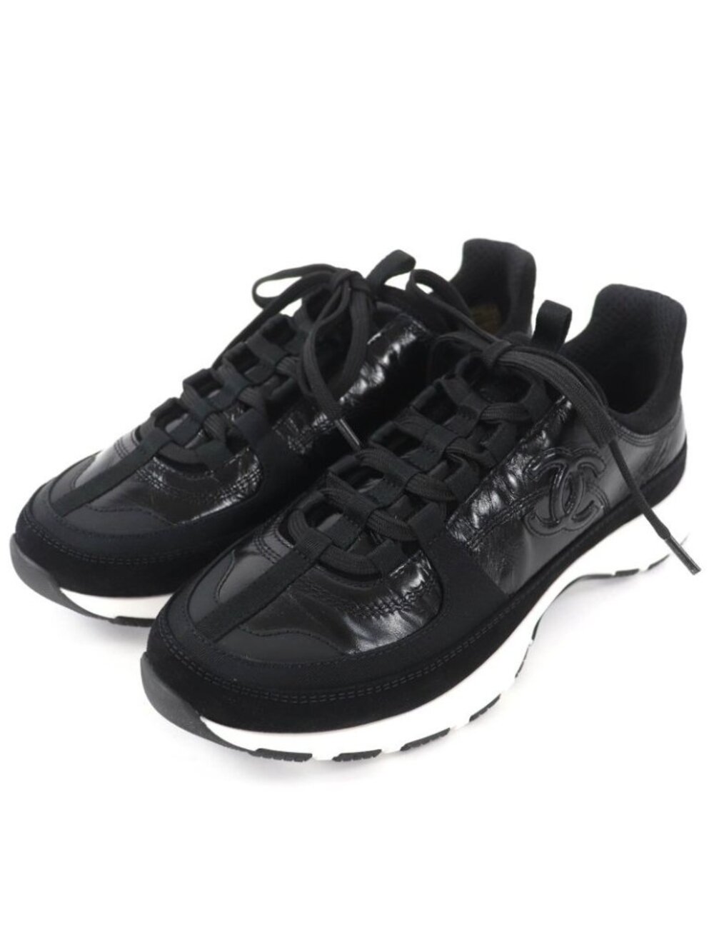 Chanel Coco Mark Leather Low Cut Sneakers Black White 37 Boxes - Picture 1 of 14